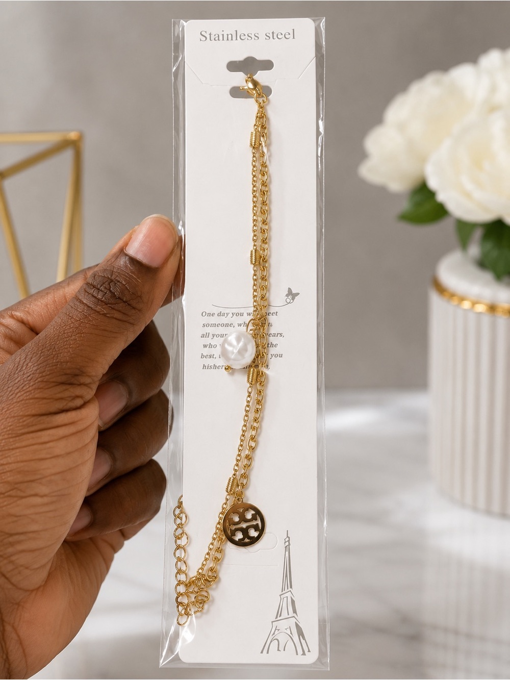 Gold-Tone Layered Chain Bracelet with Pearl Charm